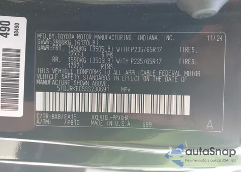 2025 Toyota Sienna Xle z USA, uszkodzony, nr VIN 5TDJRKEC5SS230691